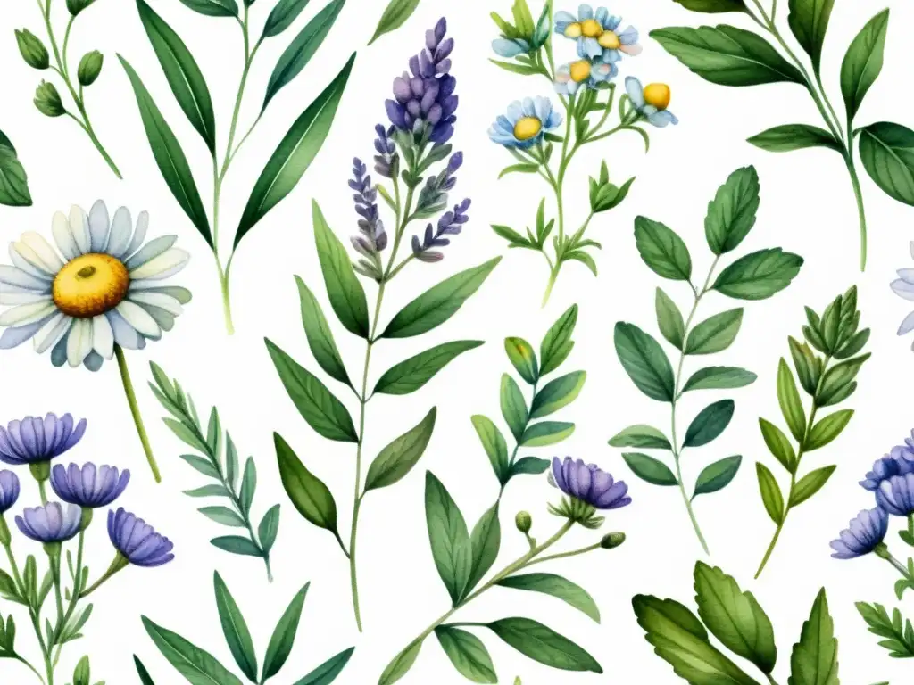 Una ilustración acuarela vibrante de varias hierbas medicinales, como lavanda, manzanilla y menta, en una hermosa composición botánica