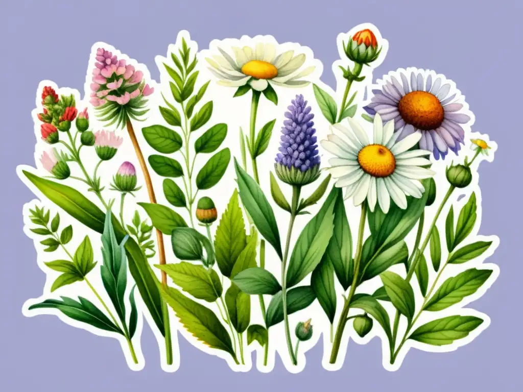 Vibrante ilustración acuarela de hierbas medicinales como lavanda, manzanilla, menta y equinácea