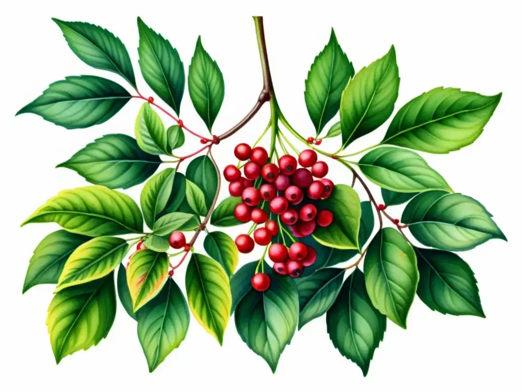 Vibrante ilustración botánica de Schisandra chinensis con hojas verdes, bayas rojas y flores rosadas