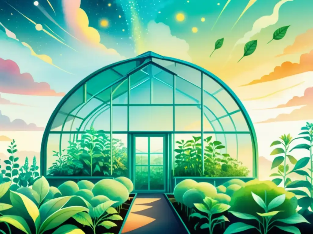 Una ilustración acuarela vibrante muestra un invernadero futurista con plantas medicinales modificadas genéticamente, bajo un cielo tecnológico brillante