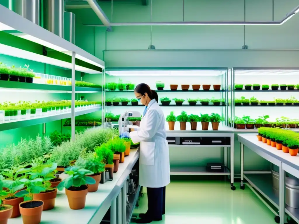 Vibrante ilustración acuarela de laboratorio biotecnológico con cultivo de plantas medicinales y avanzada tecnología