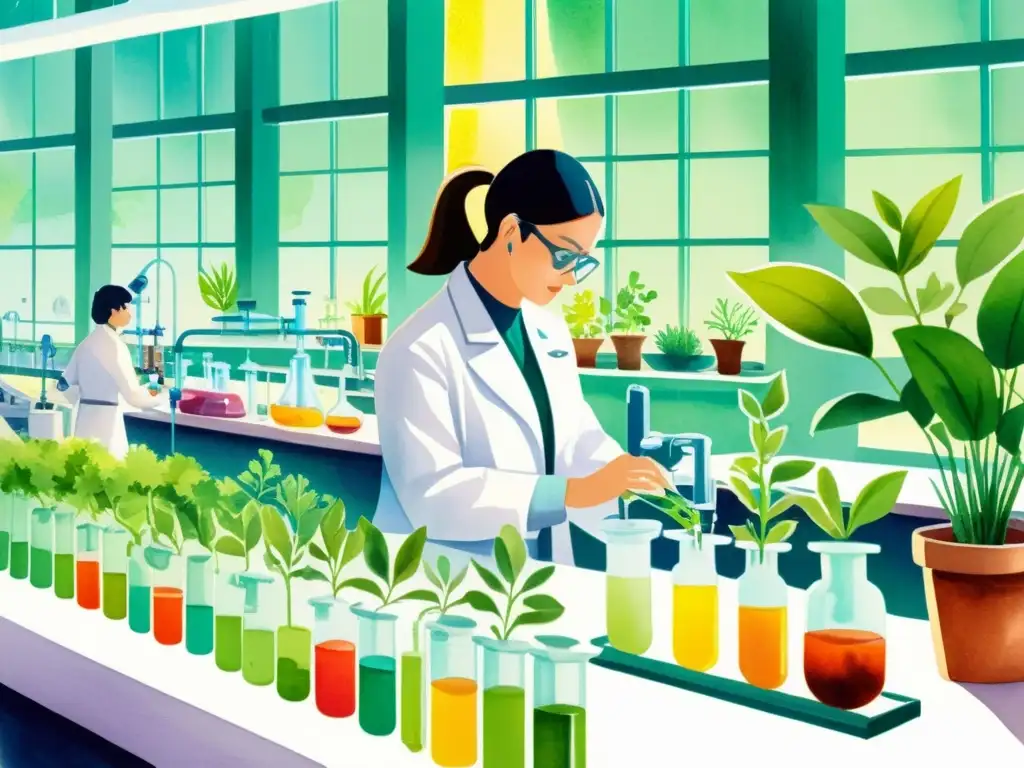 Vibrante ilustración acuarela de laboratorio donde científicos extraen compuestos de plantas