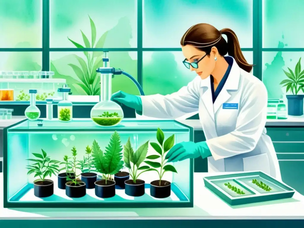 Vibrante ilustración acuarela de laboratorio con científicos criopreservando plantas medicinales