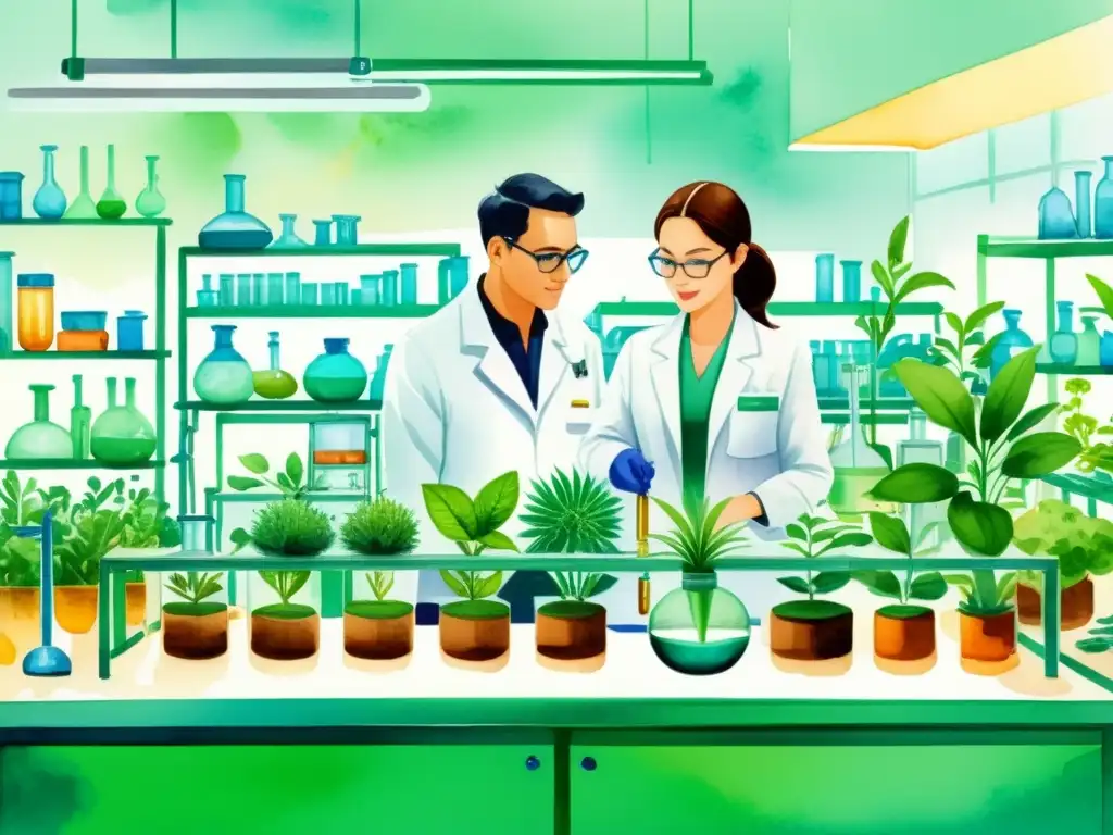 Vibrante ilustración de laboratorio con cultivo de plantas medicinales con biotecnología, científicos y equipo avanzado