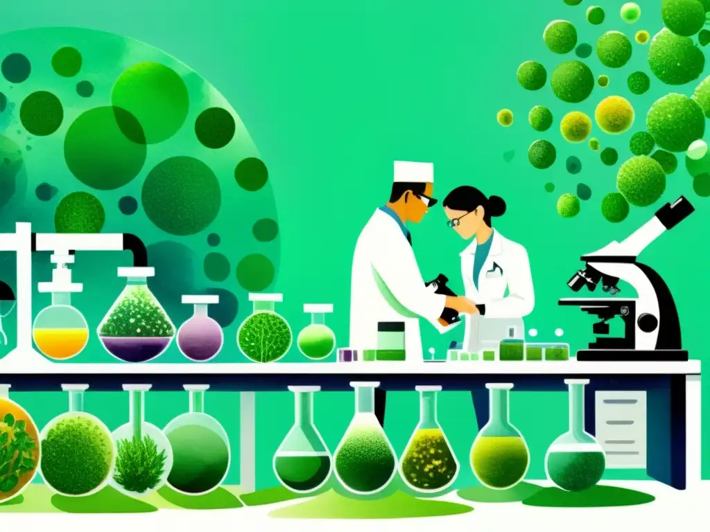 Vibrante ilustración de laboratorio futurista con científicos trabajando en nanotecnología en medicina herbal bajo microscopios de alta tecnología