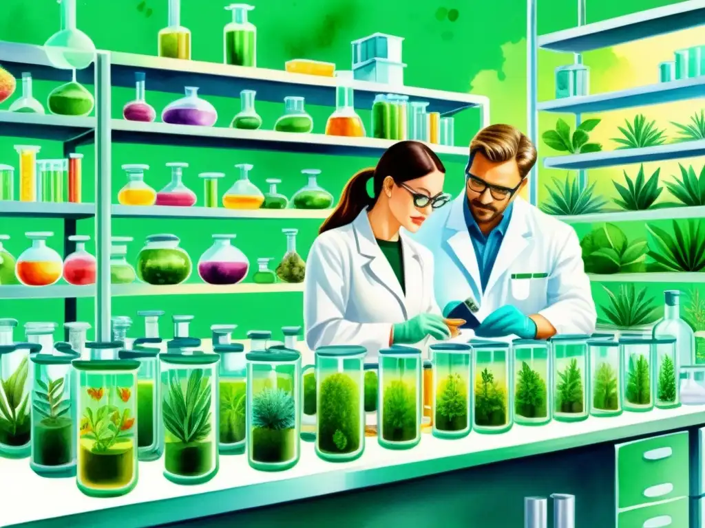 Vibrante ilustración acuarela de laboratorio futurista con científicos, ADN vegetal y herbolaria personalizada