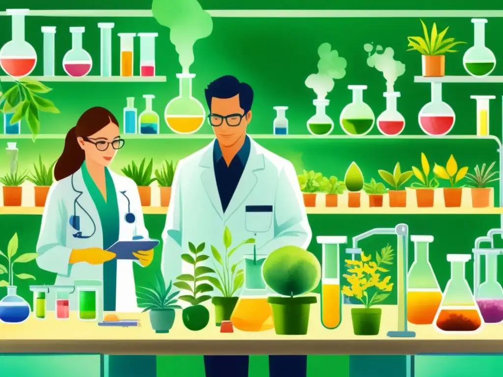 Vibrante ilustración acuarela de laboratorio con investigadores extrayendo compuestos medicinales de plantas