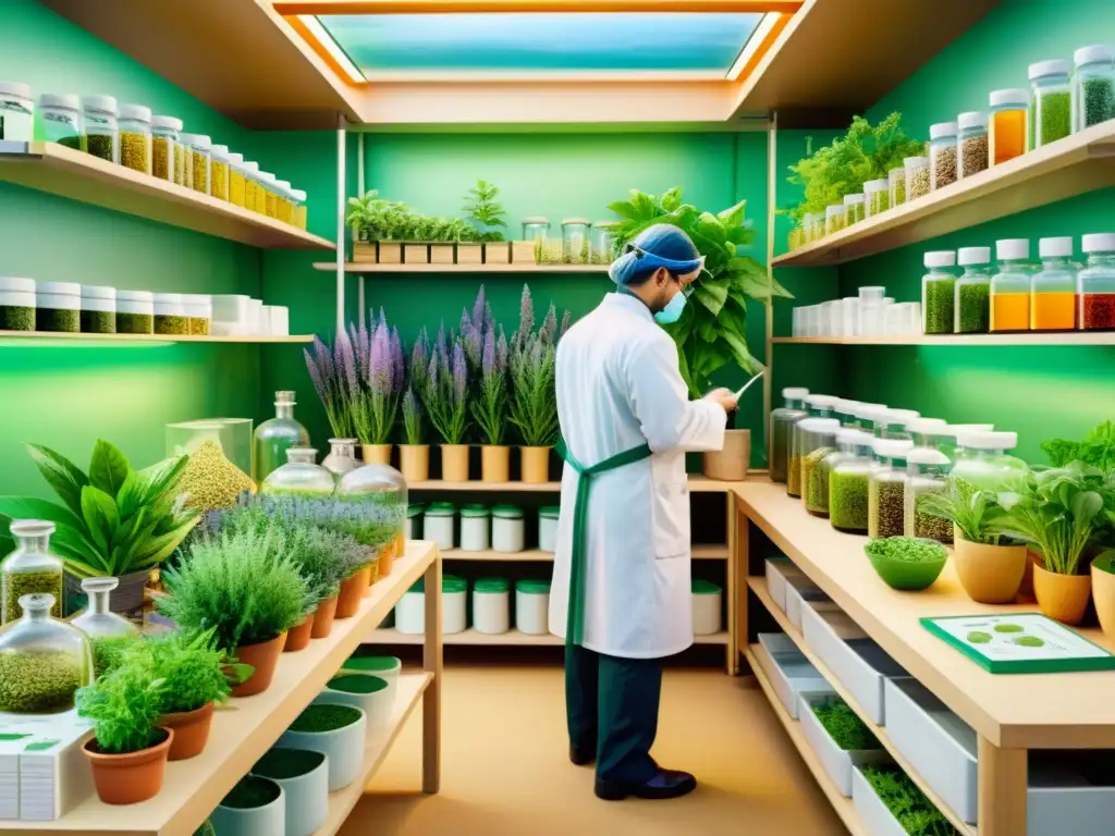 Vibrante ilustración acuarela de laboratorio de medicina herbal con nanotecnología, científicos y plantas variadas