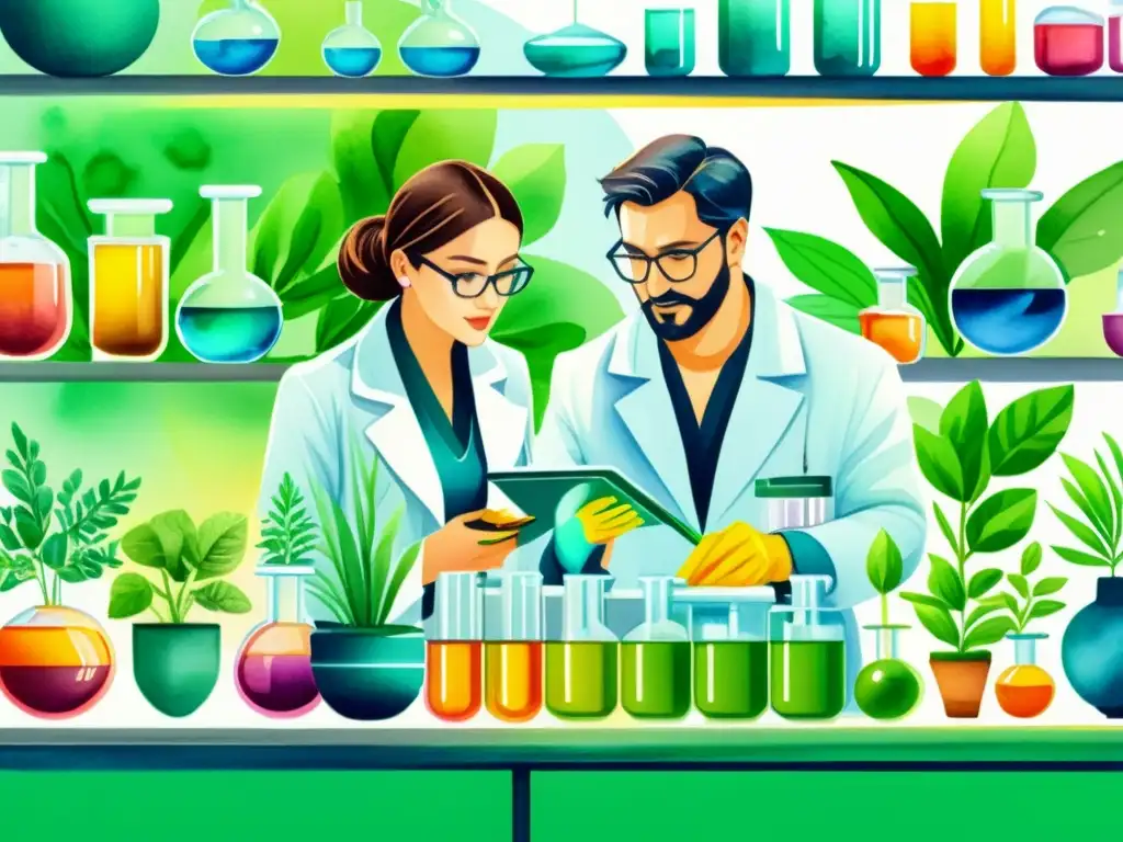 Vibrante ilustración acuarela de laboratorio moderno, científicos trabajan con vidrio y plantas, mostrando innovaciones en síntesis de compuestos