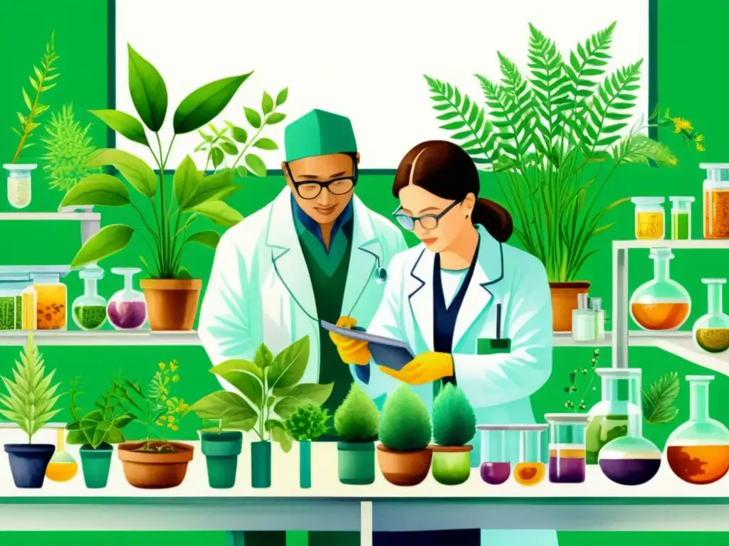 Vibrante ilustración acuarela de un laboratorio moderno con plantas y equipo científico