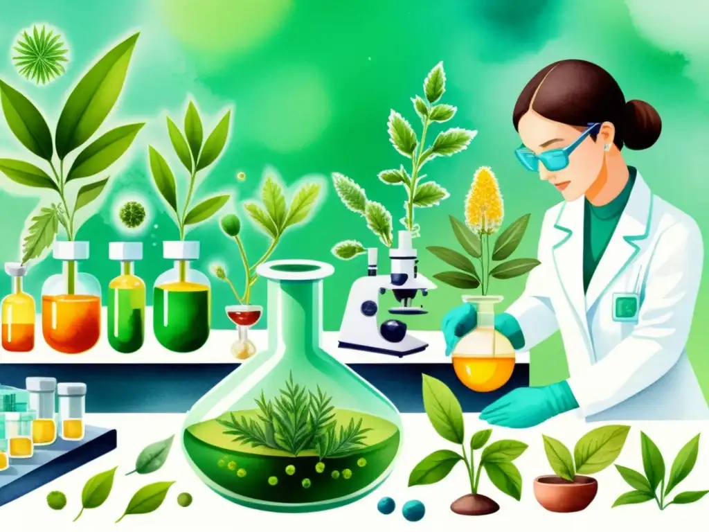 Vibrante ilustración de laboratorio con nanotecnología en medicina herbal