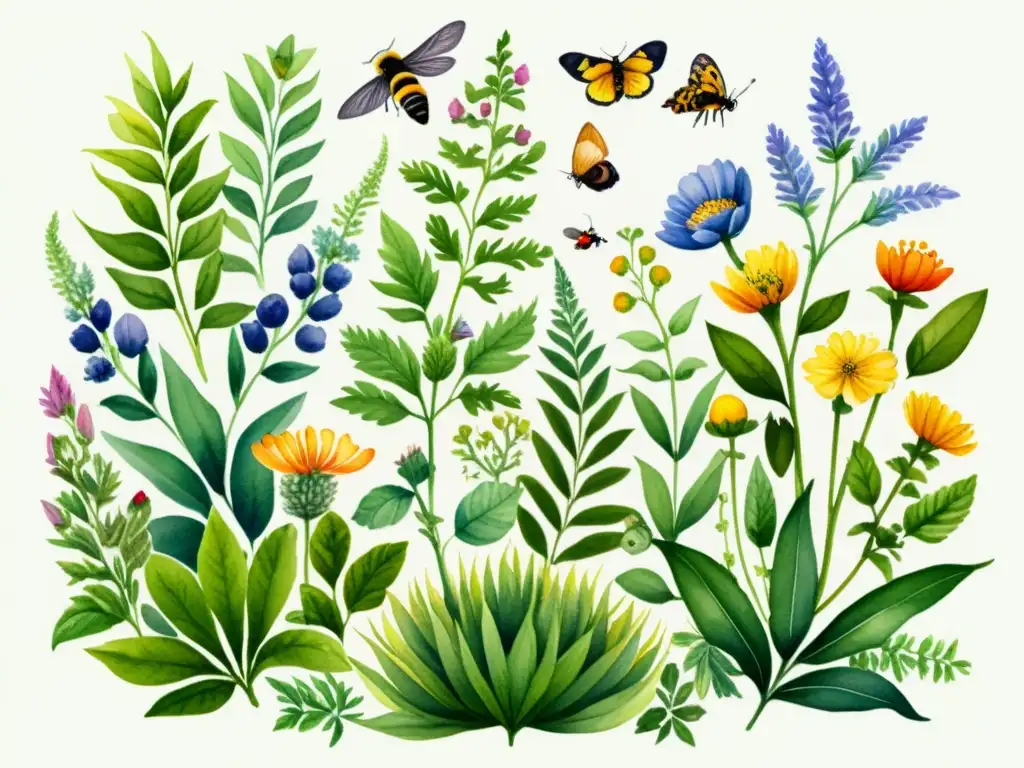 Vibrante ilustración acuarela de jardín medicinal, reflejando la importancia de la biodiversidad
