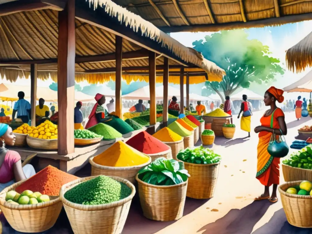 Vibrante mercado africano con tradición medicinal de plantas africanas, mujeres vistiendo coloridos atuendos tradicionales regateando con clientes