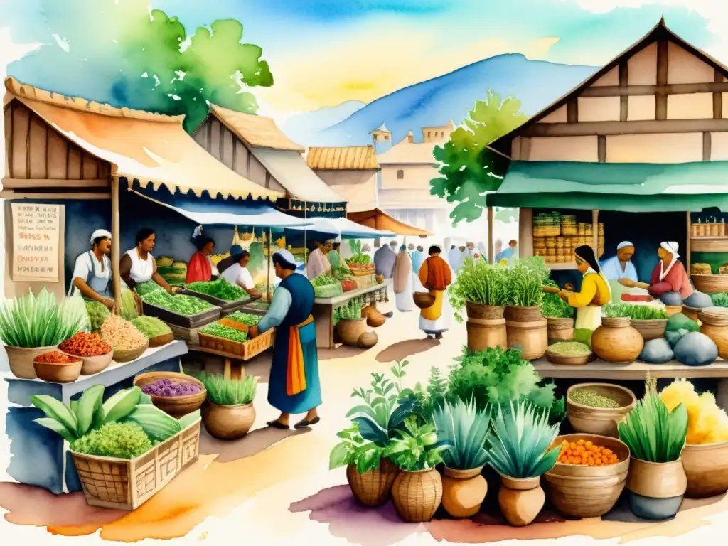 Vibrante ilustración de mercado antiguo, con hierbas y plantas