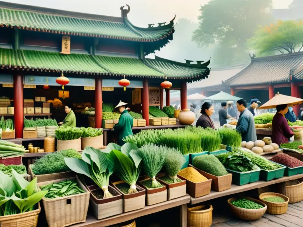 Vibrante mercado de medicina tradicional china con plantas medicinales y raíces, rodeado de templos antiguos en la neblina
