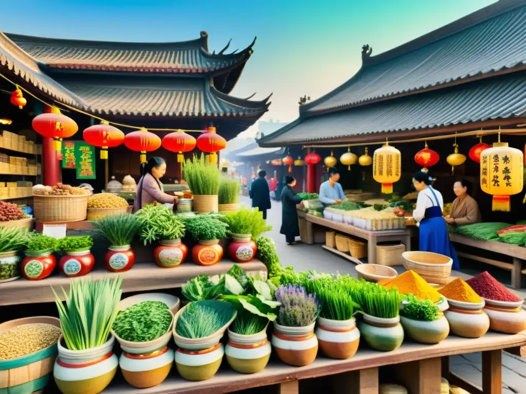 Vibrante mercado de medicina tradicional china con plantas medicinales en jarrones y cestas decoradas, clientes y herbolario aconsejando