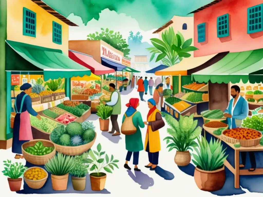 Vibrante ilustración de mercado con plantas medicinales, simbolizando la mezcla de tradición y regulaciones en el negocio herbal