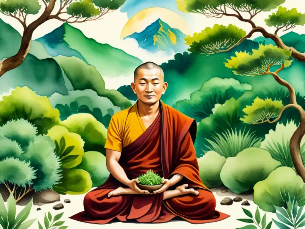 Vibrante ilustración acuarela de monje tibetano en meditación con plantas medicinales en prácticas religiosas