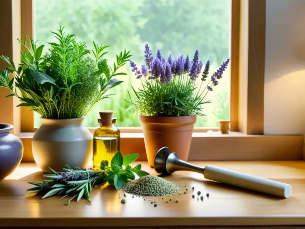 Un vibrante mostrador de cocina con plantas medicinales recién cosechadas incorporadas en recetas, bañado por la cálida luz del sol