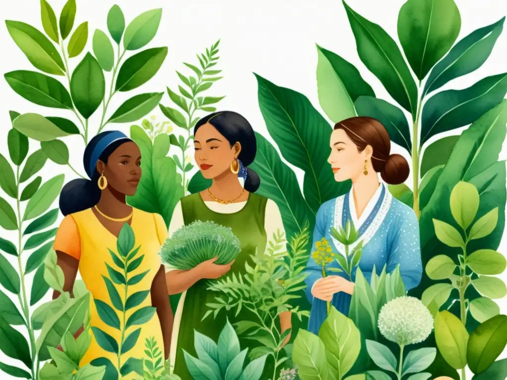 Un jardín herbal vibrante donde mujeres de diversas culturas conservan conocimiento herbal con respeto y unidad