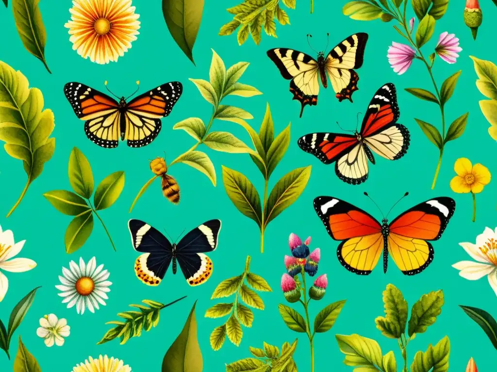 Un vibrante mural acuarela de plantas medicinales, lleno de vida y color, con insectos revoloteando entre ellas