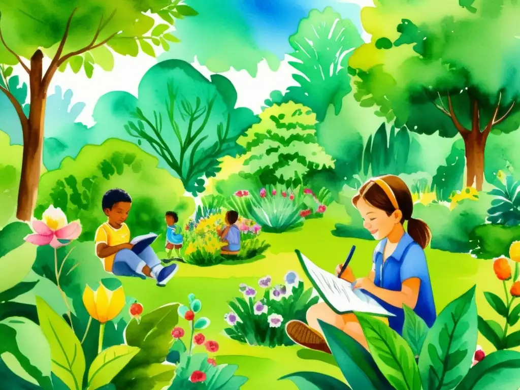 Un vibrante jardín botánico con niños explorando plantas medicinales para niños educativas en acuarela