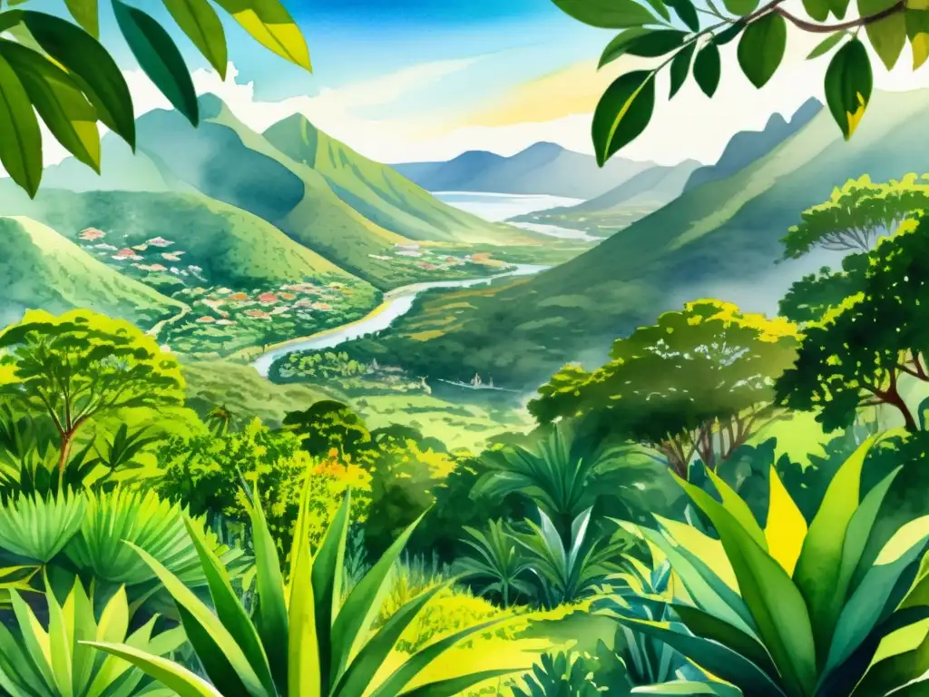 Vibrante ilustración de paisaje caribeño con plantas medicinales y herbolario, evocando tranquilidad y abundancia natural