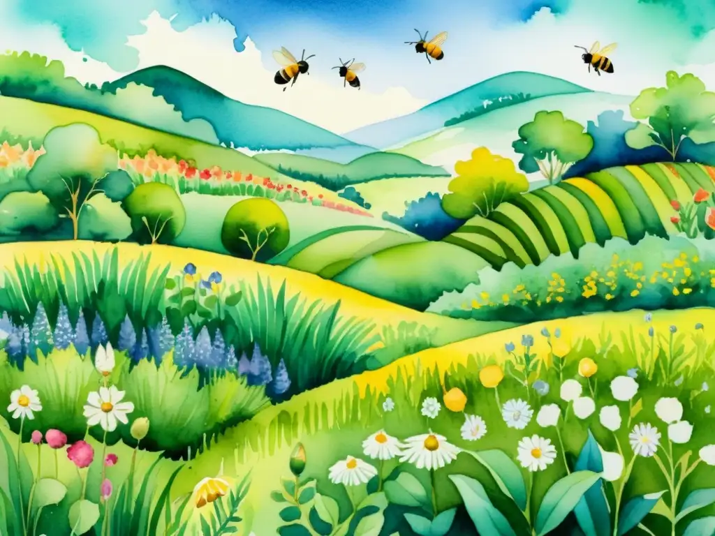 Una ilustración acuarela vibrante de un paisaje agrícola diverso con plantas medicinales, abejas y mariposas, y un arroyo tranquilo