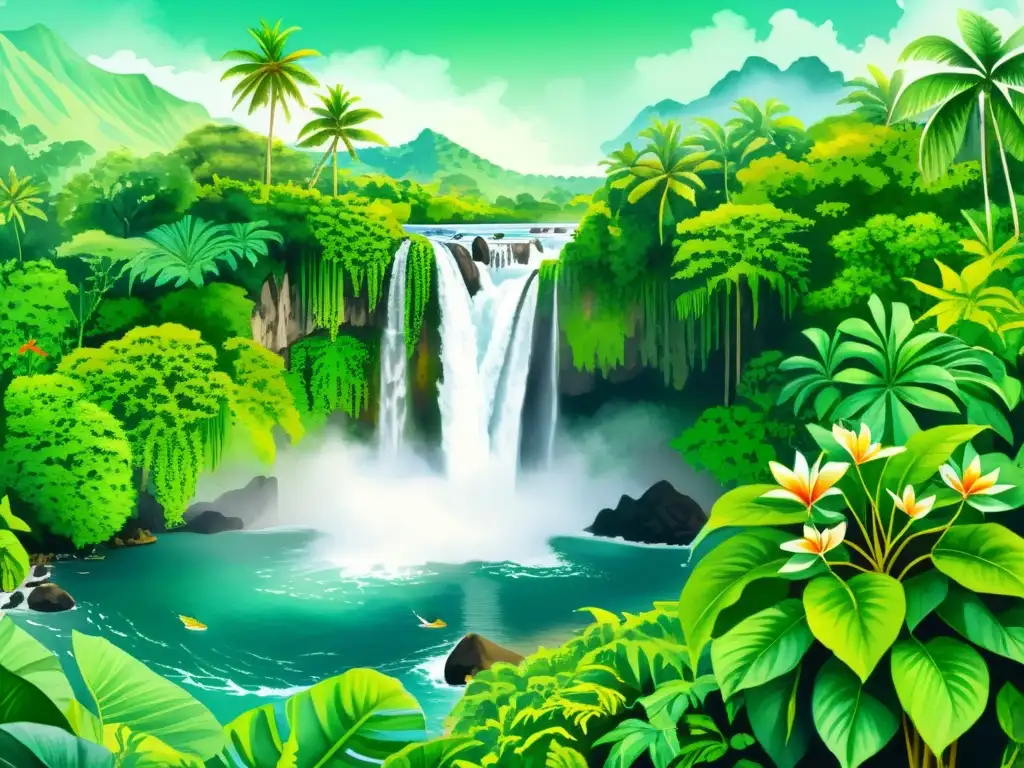 Vibrante ilustración acuarela de paisaje tropical con planta kava kava