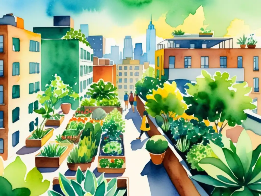 Vibrante ilustración acuarela de paisaje urbano con plantas medicinales urbanas cultivadas y personas disfrutando de la naturaleza en la ciudad