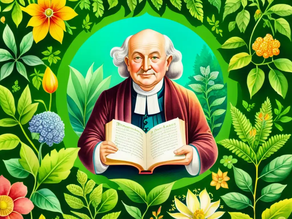 Vibrante ilustración de Paracelsus rodeado de exuberantes plantas medicinales, detalladas y etiquetadas con sus aplicaciones terapéuticas históricas y actuales