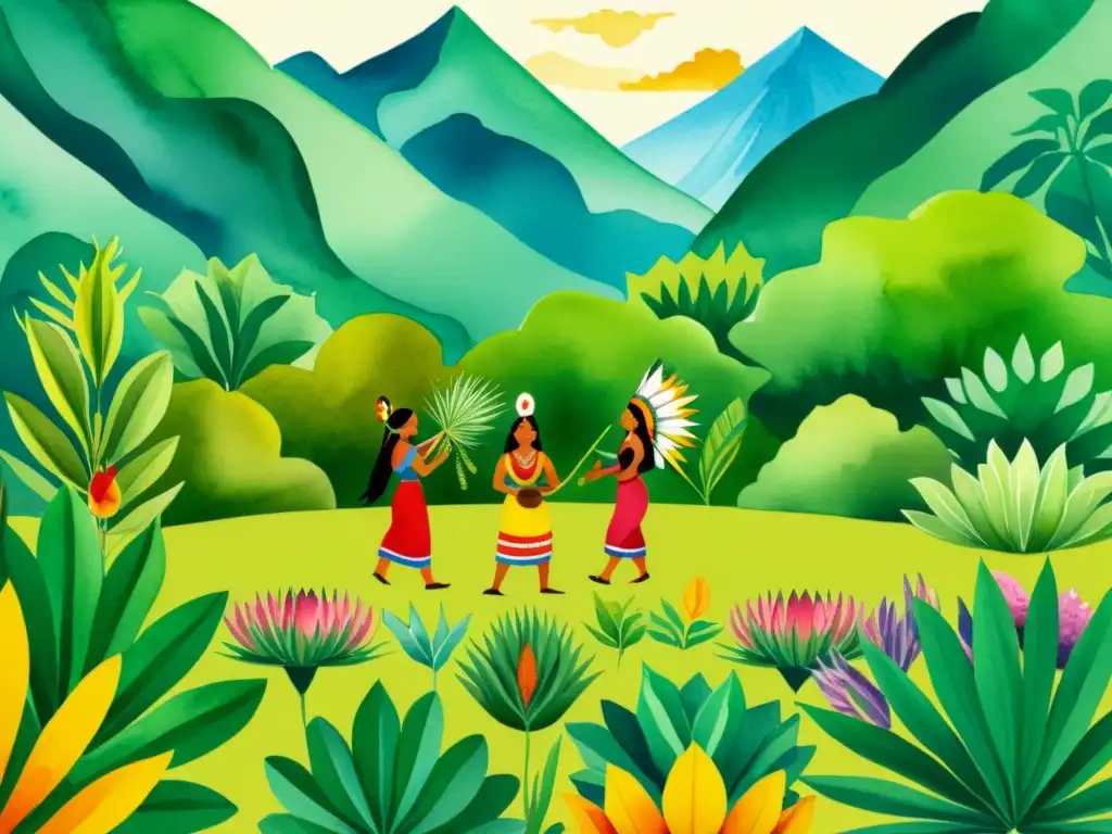Ritual indígena: danzas y plantas medicinales Una ilustración acuarela vibrante de personas indígenas participando en una ceremonia tradicional, rodeadas de exuberante flora diversa