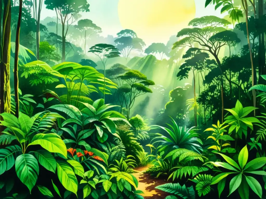 Vibrante pintura acuarela de la selva con plantas medicinales y comunidades indígenas conservando la biodiversidad