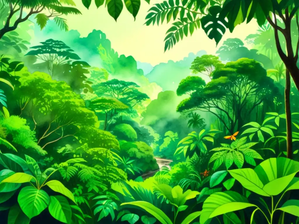 Vibrante pintura acuarela de selva tropical, exudando tranquilidad y abundancia, con flora y fauna detalladas