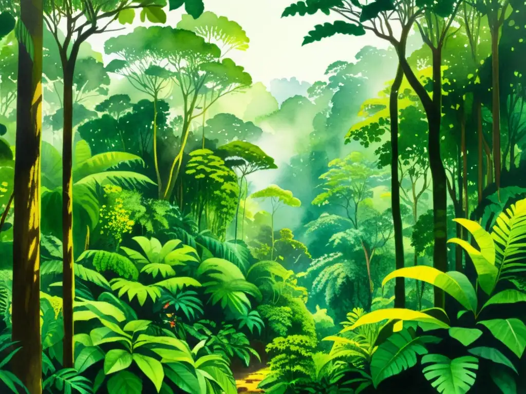 Vibrante pintura acuarela de selva exuberante con interconexión espiritual, preservación y medicina nativa