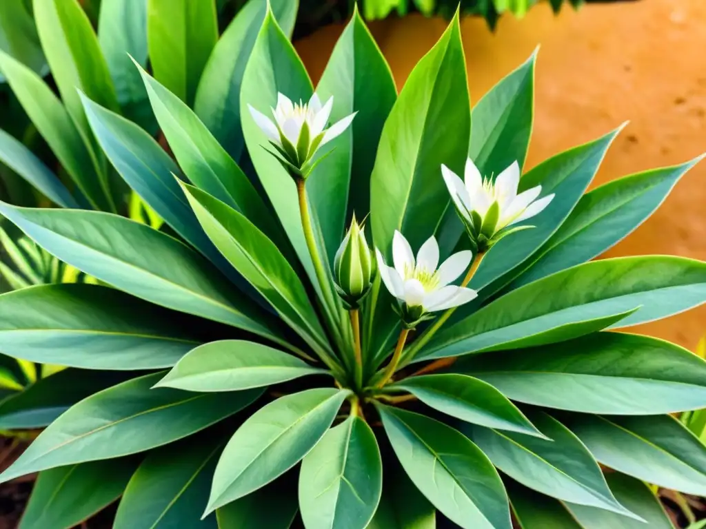 Una ilustración acuarela vibrante de la planta uña de gato, en un entorno tropical exuberante, destacando sus beneficios antioxidantes