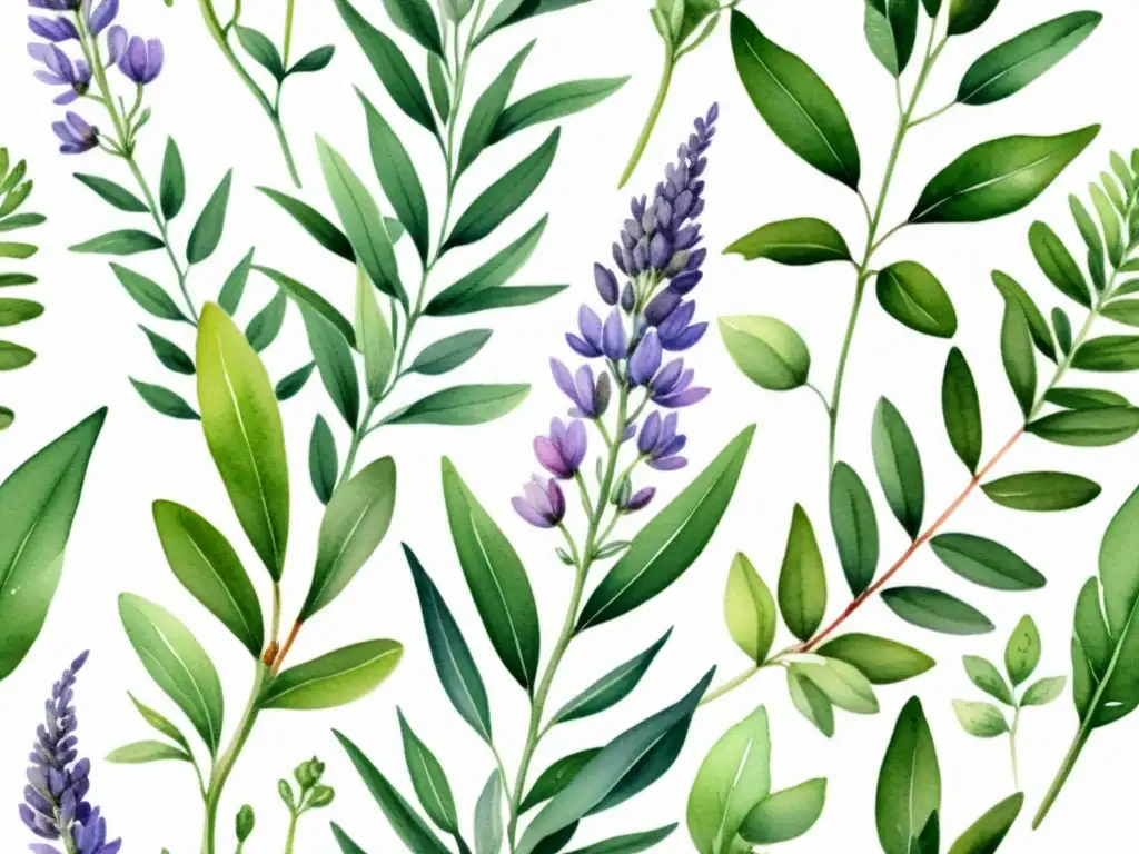 Una ilustración acuarela vibrante de plantas aromáticas y flores, como lavanda, eucalipto y menta, con sutiles vapores