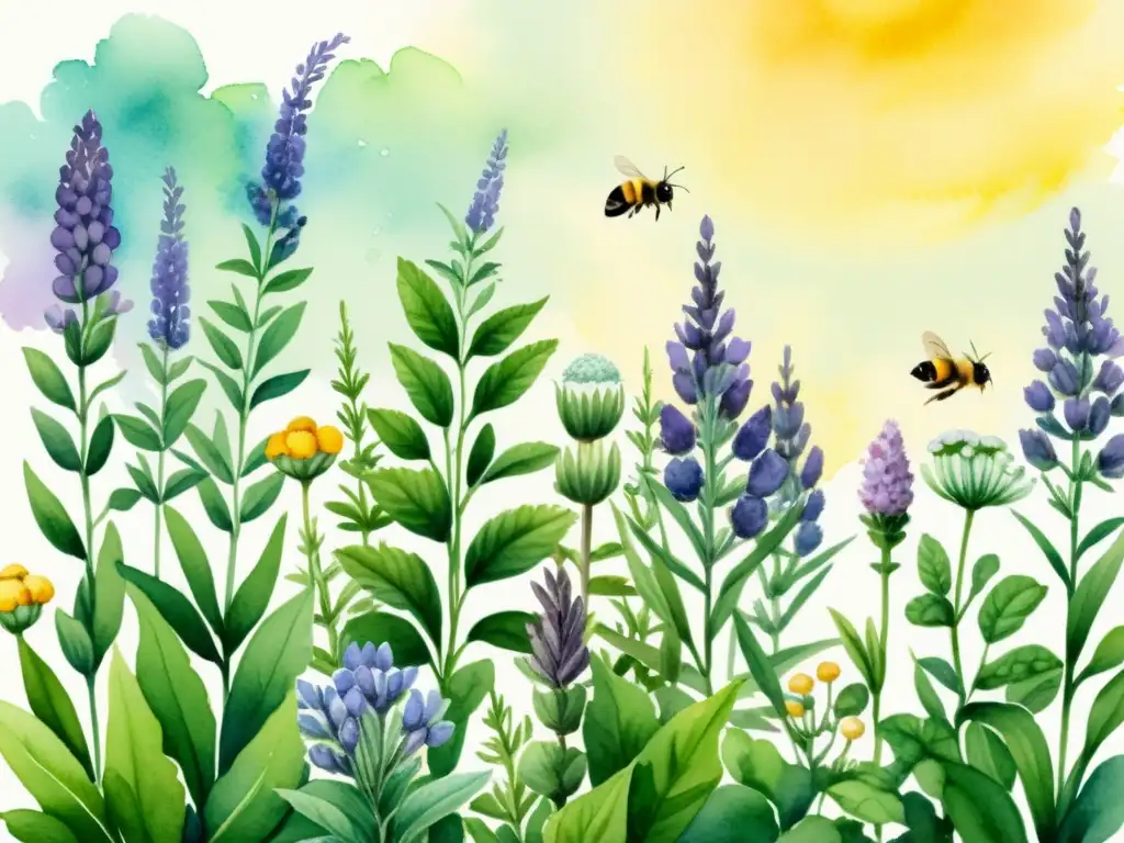 Un jardín vibrante de plantas aromáticas y medicinales, con detalle realista