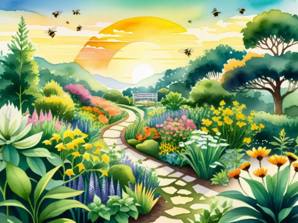 Jardín botánico vibrante con plantas medicinales en ilustración acuarela