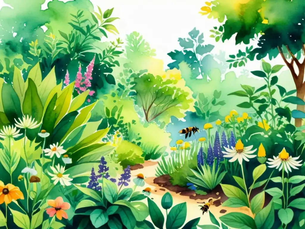 Vibrante ilustración acuarela de jardín botánico con plantas medicinales