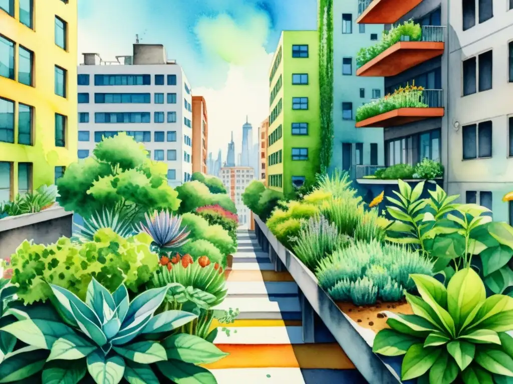 Vibrante ilustración acuarela de plantas medicinales adaptándose en la urbanización