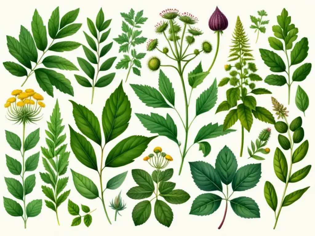 Vibrante ilustración acuarela de plantas medicinales para combatir anemia, con detalles intrincados y colores vibrantes