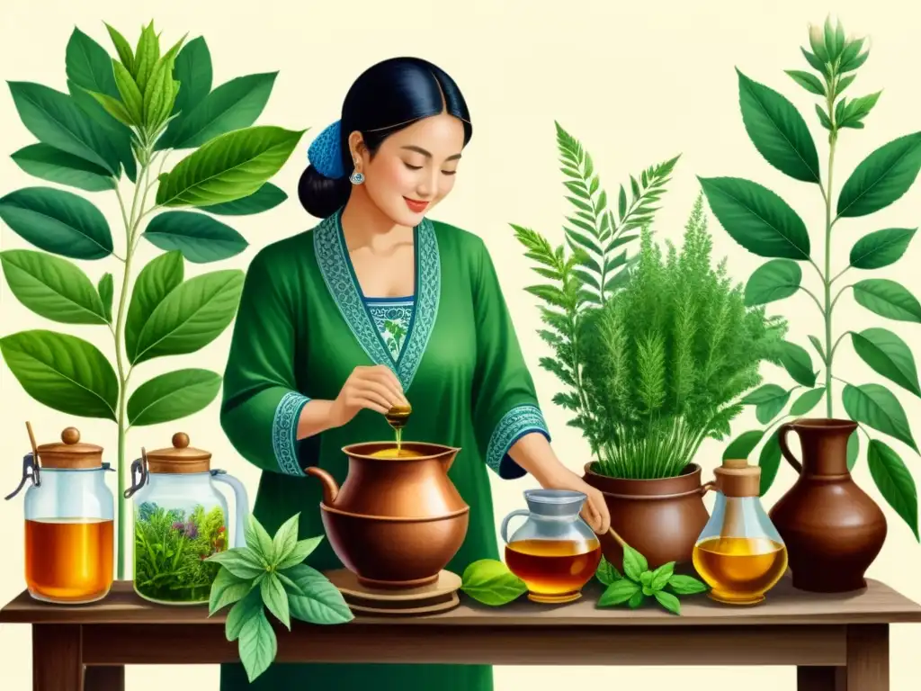 Vibrante ilustración acuarela de plantas medicinales preparando bebidas tradicionales, evocando tradición y bienestar natural