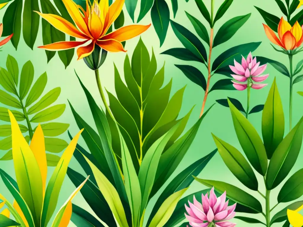 Una ilustración vibrante de plantas medicinales caribeñas entrelazadas con follaje exuberante y flores coloridas, bañadas por la cálida luz del sol