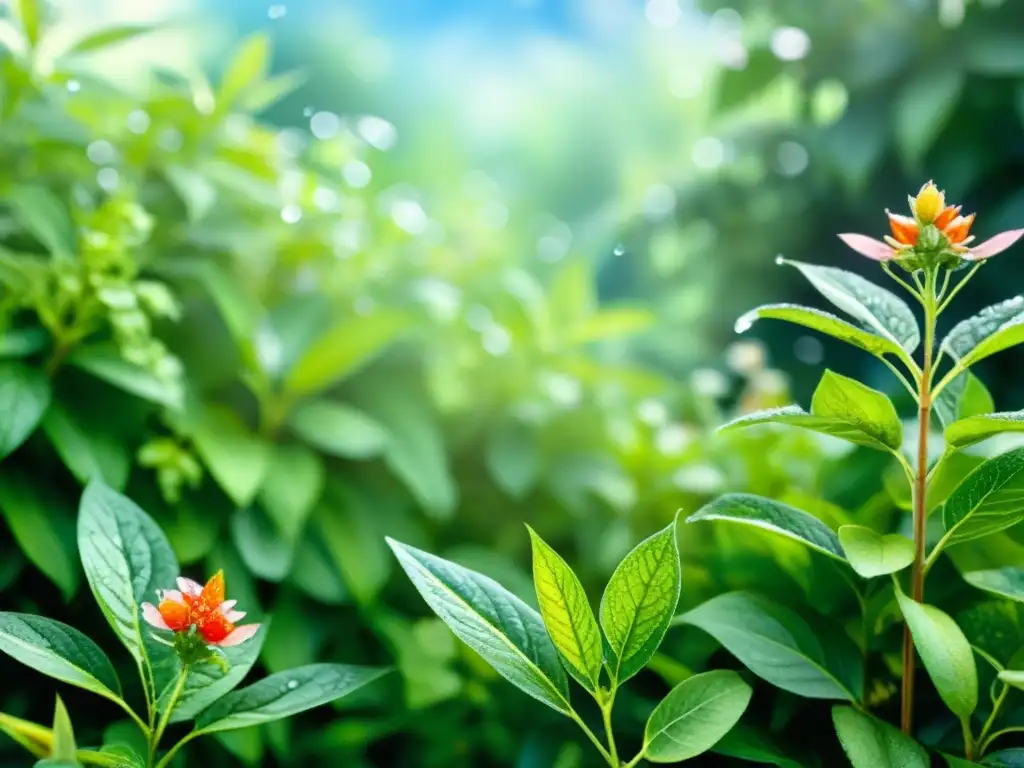 Un jardín vibrante de plantas medicinales con control de ácaros, en acuarela detallada