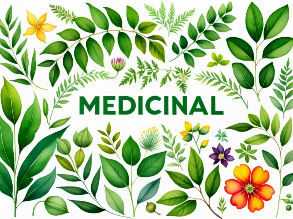 Una ilustración acuarela vibrante de plantas medicinales detalladas, con colores variados y raíces entrelazadas