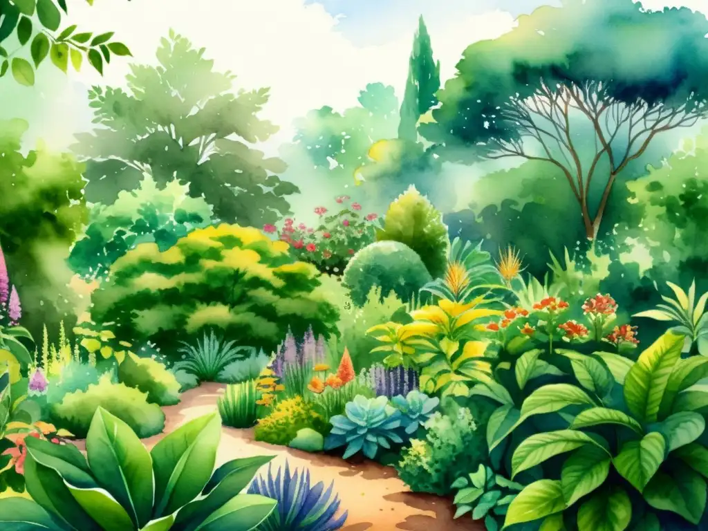 Vibrante ilustración acuarela de jardín botánico con plantas medicinales detalladas