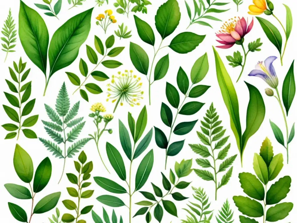 Un ilustración acuarela vibrante de plantas medicinales diversas, mostrando resiliencia ante el cambio climático