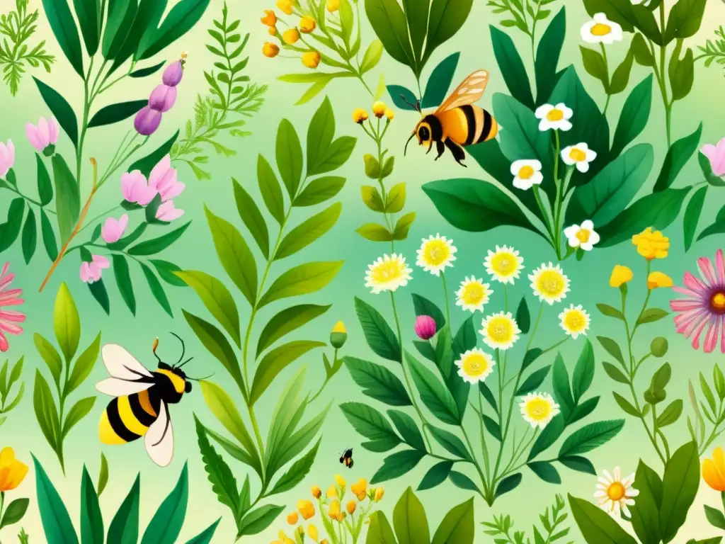 Vibrante ilustración de plantas medicinales en un jardín, con diversidad genética y polinización por abejas y mariposas