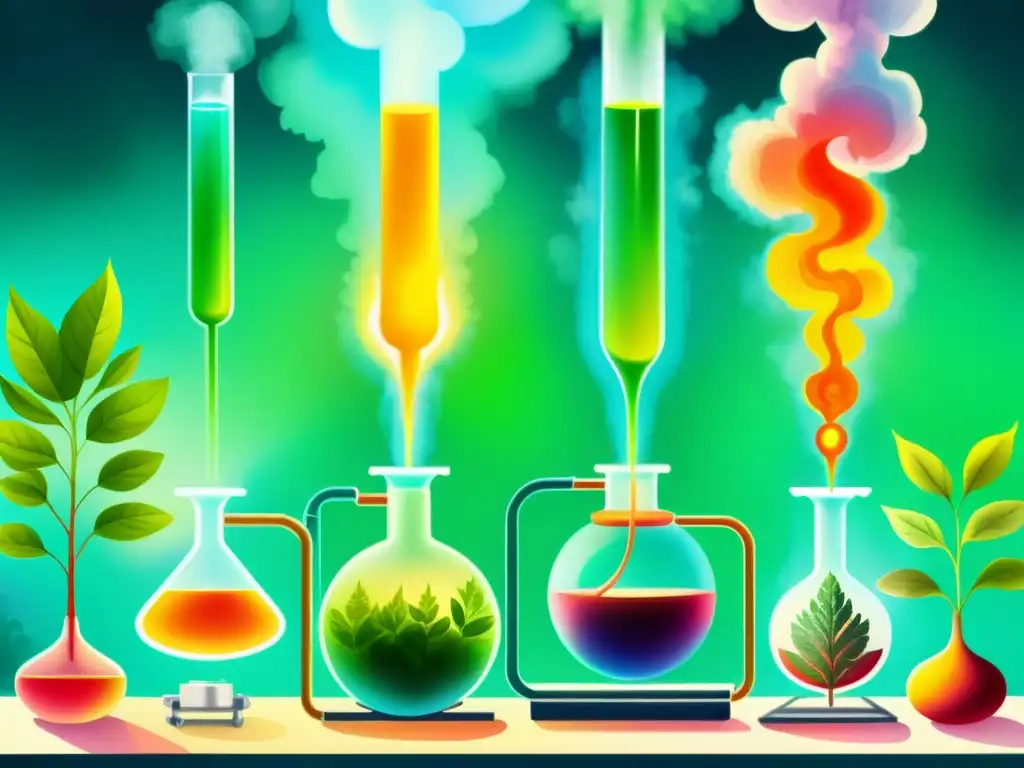 Vibrante ilustración de extracción supercrítica CO2 de plantas medicinales, capturando la esencia transformadora con detalle y belleza científica